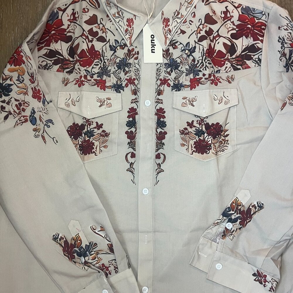 Men's Ouku Beige Floral Casual Button Down Shirt M - Picture 3 of 8